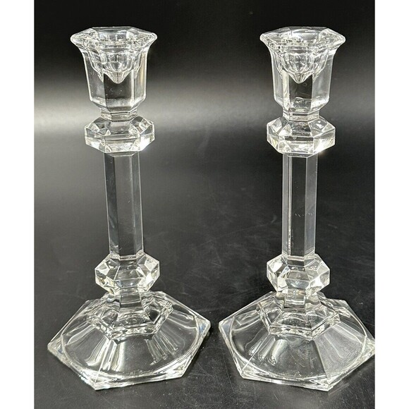 Set of 2 Vintage Clear Crystal Candlesticks for Pillar Candles 7.5 Inches Tall - Picture 2 of 4